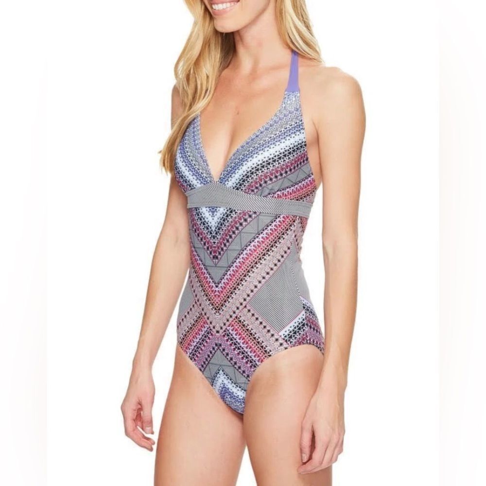 Prana Women XS Geometric Chevron Halter‎ One Piece Swimsuit Tile Print